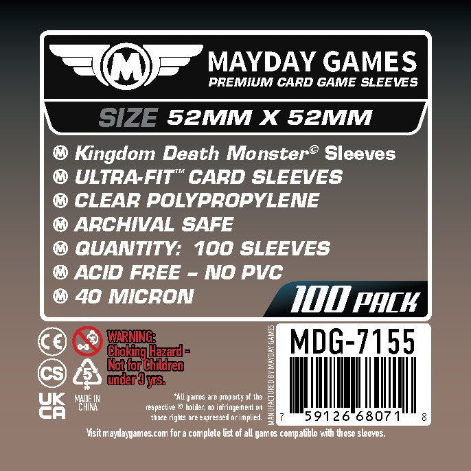 mayday card sleeves premium vs standard 100 x Clear Standard Kingdom Death Monster Card Sleeves 52mm x 52mm