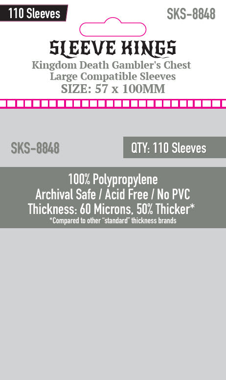 110 x Kingdom Death Gambler's Chest Large Compatible Sleeves (57mm x 100mm) 110 x Kingdom Death Gambler's Chest Large Compatible Sleeves (57mm x 100mm)