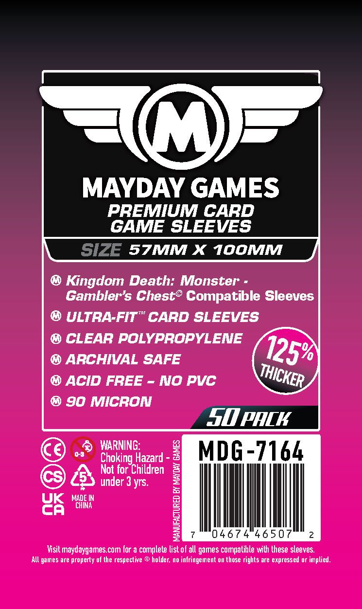 mayday premium card sleeves 50 x Clear Premium Kingdom Death Gambler's Chest Compatible Sleeves 57mm x 100mm